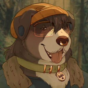 an icon of a brown dog in front of a forest background